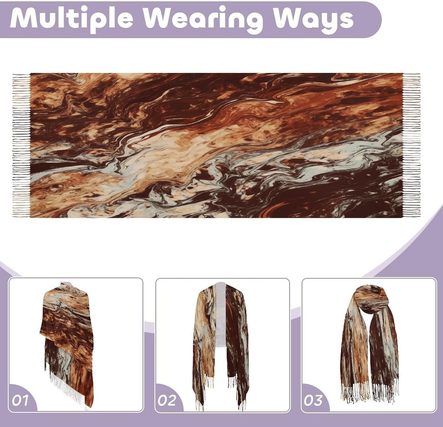 Marble Mixed Brown Scarf for Women Men Classic Fashion Blanket Scarves Soft Cashmere Feel Scarf Cold Weather Warm Long Shawl Winter Large Scarves Classic Blanket Scarfs Thick