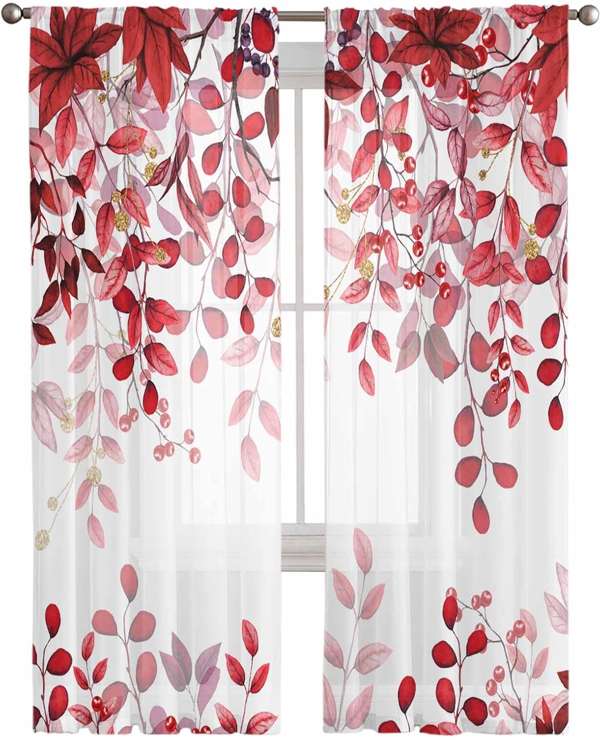 Red Eucalyptus Semi Sheer Curtains 63 inch Length for Living Room, Abstract Branch Leaves Farmhouse Plant Leaf Window Treatments Curtains Rod Pocket Light Filter Sheer Drapes Bedroom Curtains 2 Panels