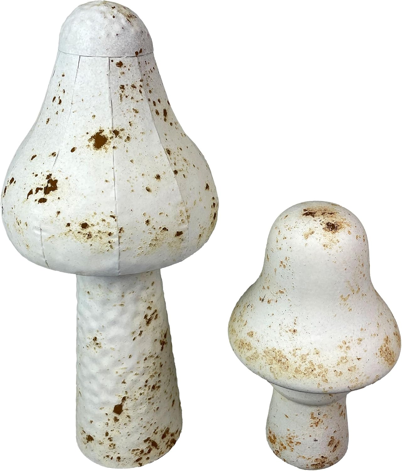Set of 2 White Metal Mushrooms, Indoor Outdoor Garden Statues, 9″ & 16″ Rustic Modern Farmhouse Decor, Weather-Resistant Yard Sculpture, Artistic Patio Accent