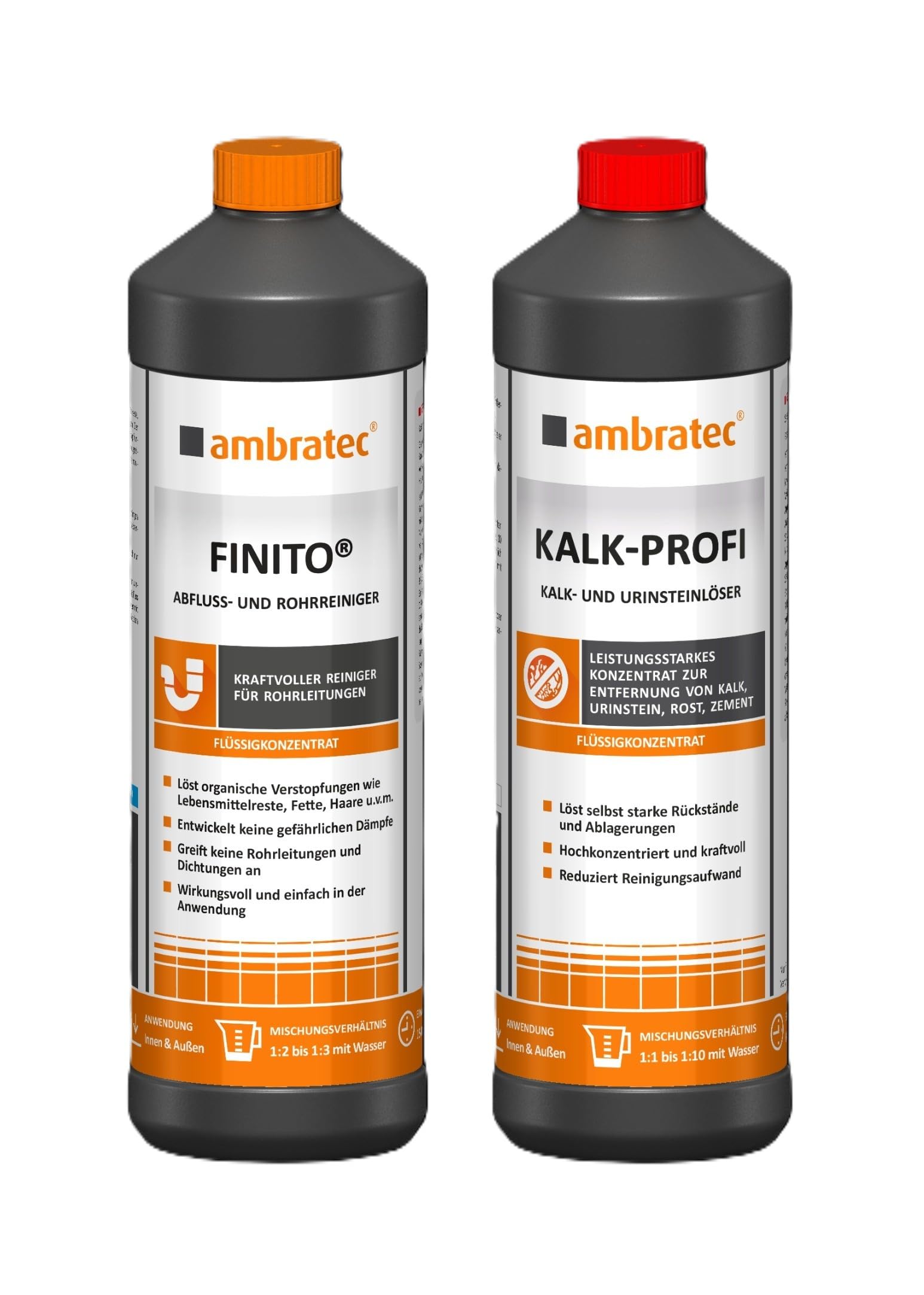 Ambratec Finito + Ambratec Kalk-Profi - Abflussreiniger Rohrreiniger und starker Reiniger gegen Kalk Urinstein - löst Verstopfungen Lebensmittelreste Fette Haare - Rost Zement Konzentrat Entkalker