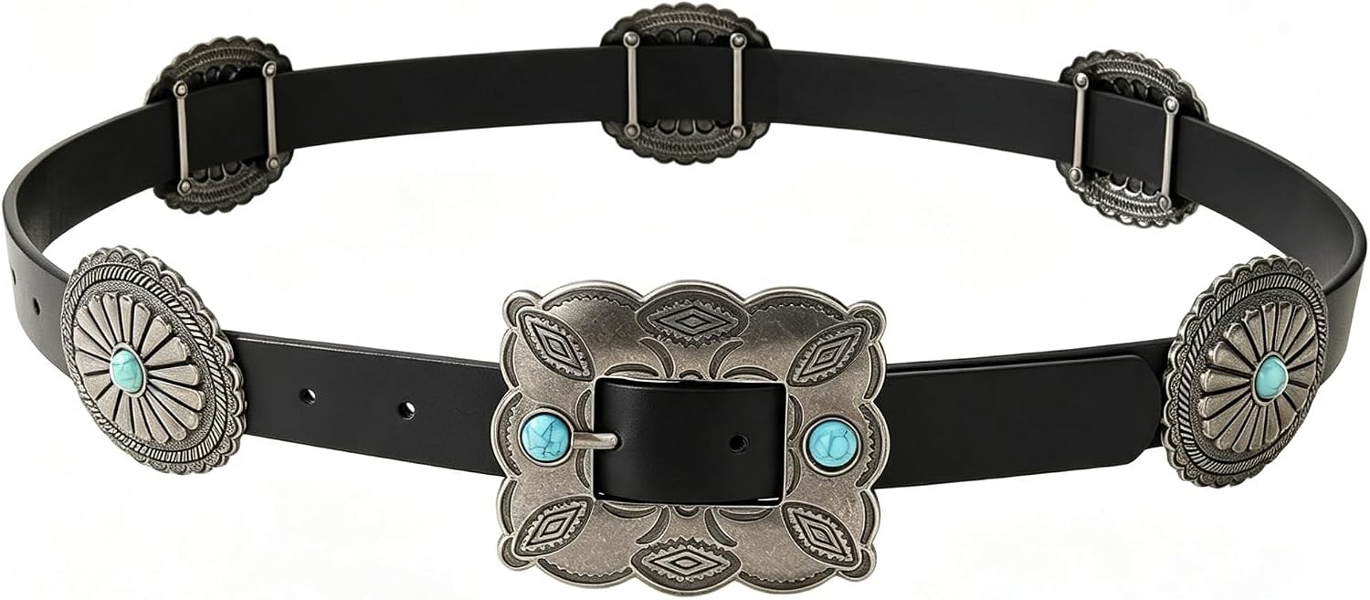 Western Belts for Women Turquoise Concho Belt Faux Leather Cowgirl Cowboy Country Belt for Jeans Dresses
