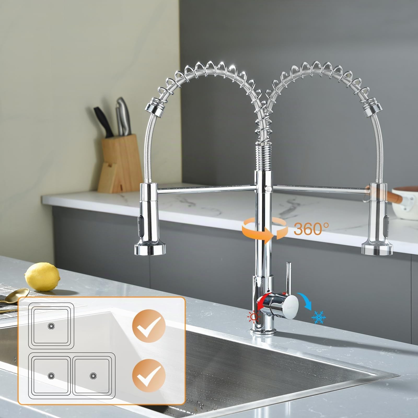 Wasserhahn Küche,Hochdruck Küchenarmatur mit Herunterziehen Brause Armatur, Mischbatterie Küchenarmaturen,Mischbatterie Küche Zwei Sprühfunktionen,Hoher Bogen Spültischarmatur 360° Drehung