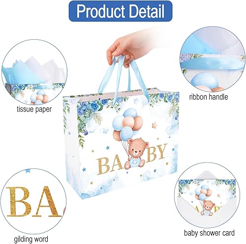Miniatura 4 de Bolsas de regalo grandes para bebé de 13 pulgadas con papel de seda y tarjeta de felicitación (oso de balón y floral), bolsas de regalo de tamaño