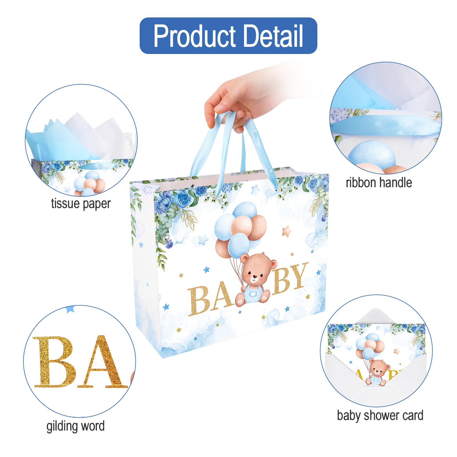 JOHOUSE Geschenktüte Für Jungen, 33 Cm Blau Mit Seidenpapier & Grußkarte, Für Babyparty & 1. Geburtstag