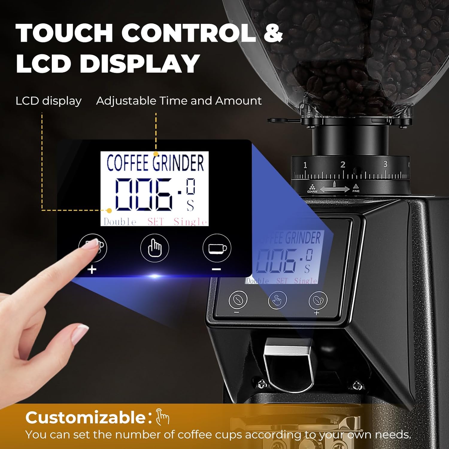 Commercial Coffee Grinder, Stainless Steel 64mm Flat Burr, 8 Grind Settings with Digital Touch Screen, Heavy Duty for Espresso/French Press