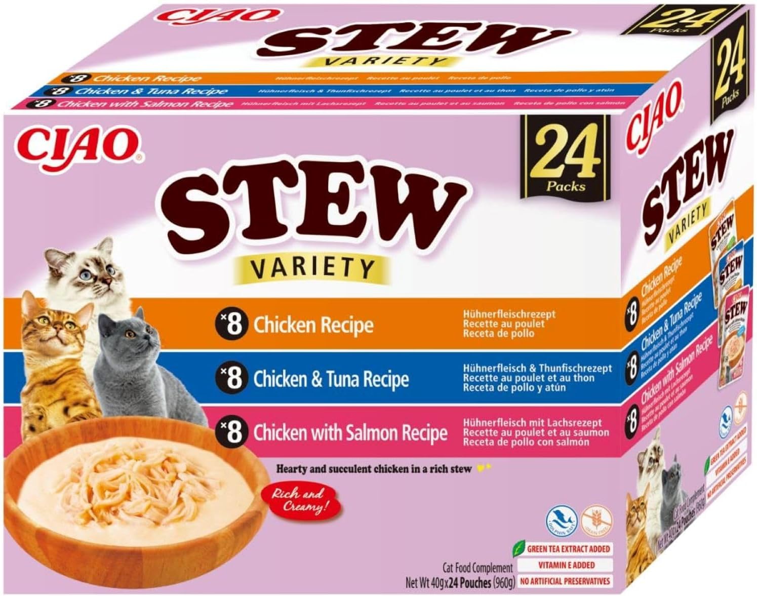 INABA Ciao Stew Gatos, Multipack Pollo, Atún y Salmón, 960g 24 Sobres x 40g