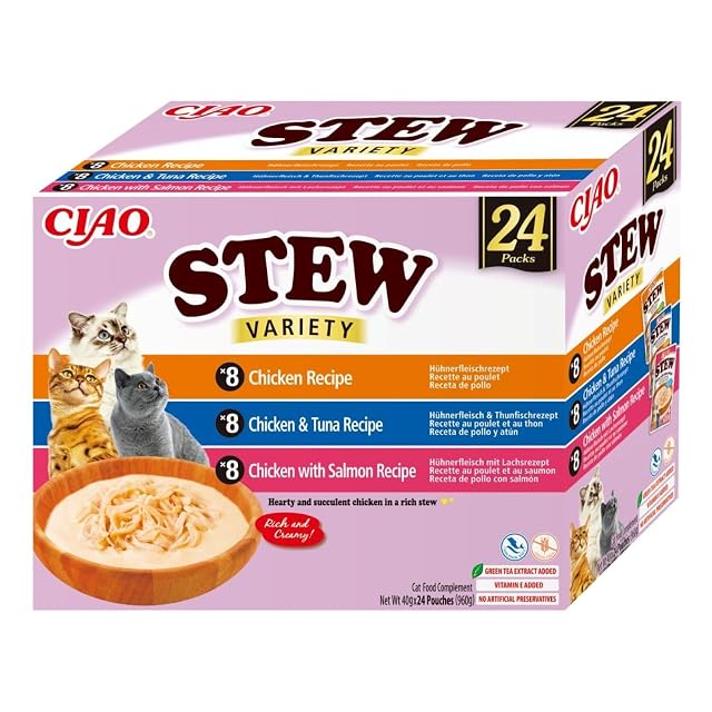 INABA Ciao Stew Gatos, Multipack Pollo, Atún y Salmón, 960g 24 Sobres x 40g