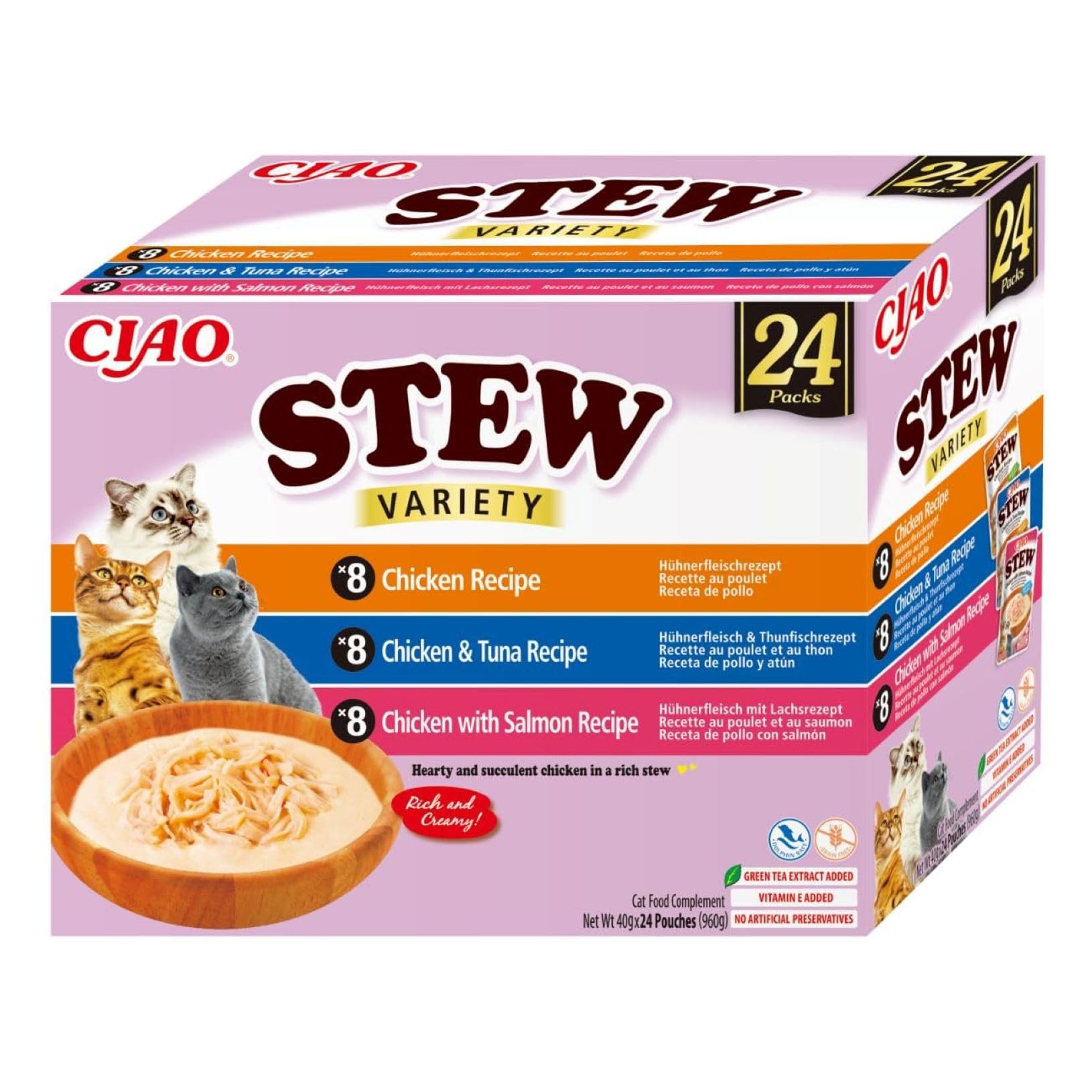 INABA Ciao Stew Gatos - Receta Saludable de Estofado Cremoso con Pollo, Atún y Salmón - Comida Húmeda con Tiras de Pollo - Alimento Natural sin Cereales - 960g (24 Sobres x 40g)