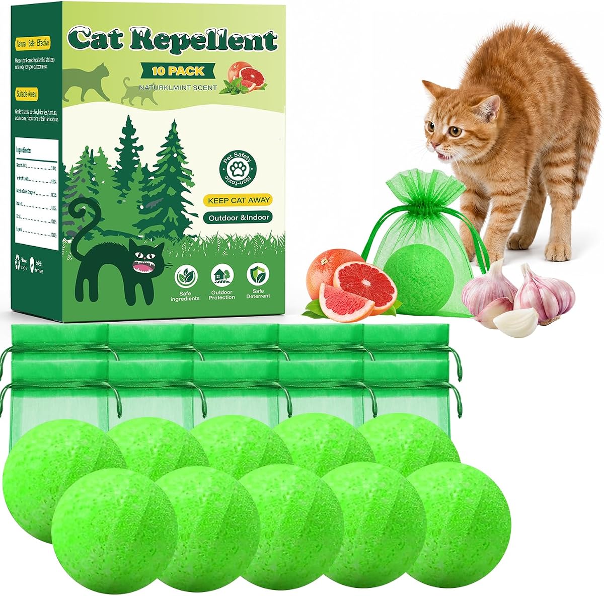 Cat Repellent Outdoor Keep Cats Away, 10 Pack Cat Deterrent | Cat Repellent Balls with Natural Peppermint Oil, Keep Cats Out of Lawn, Garden, Furniture, Mulch