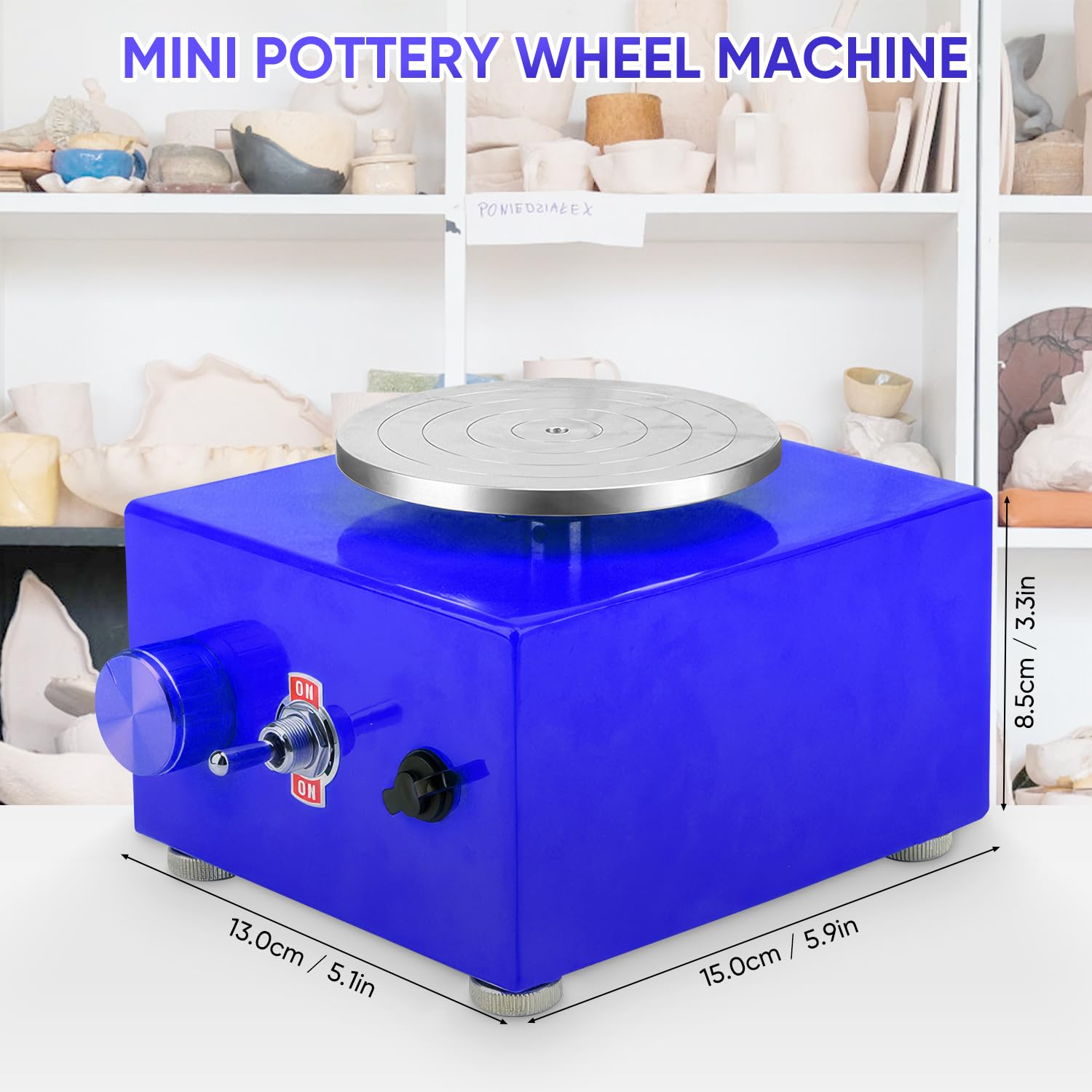 Mini torno de alfarería 6,5 cm 10 cm 30 W 0-300 rpm torno de alfarería eléctrico con pedal extraíble (azul)
