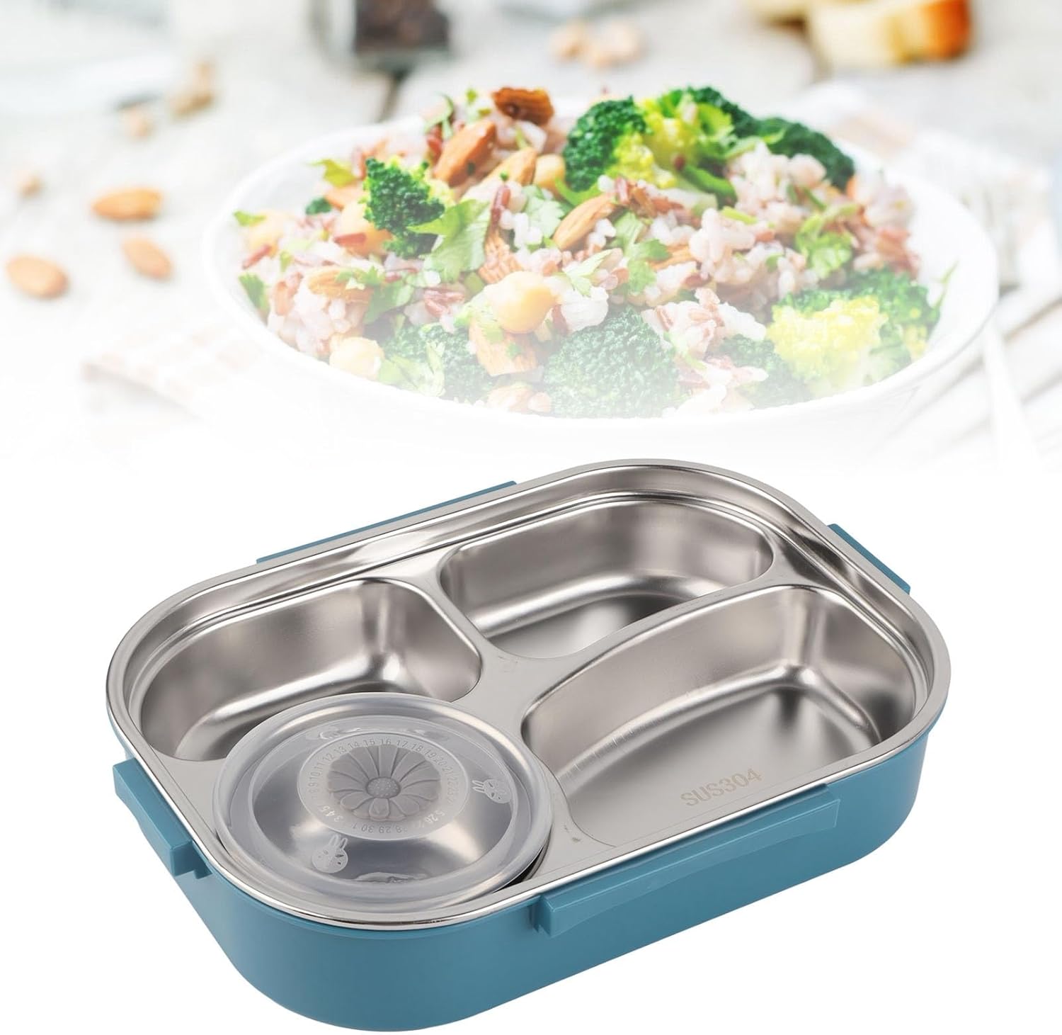 Stainless Steel Lunch Box 4 Grid Portable Box Food Storage Container for Adult (lunch box with soup bowl: blue)