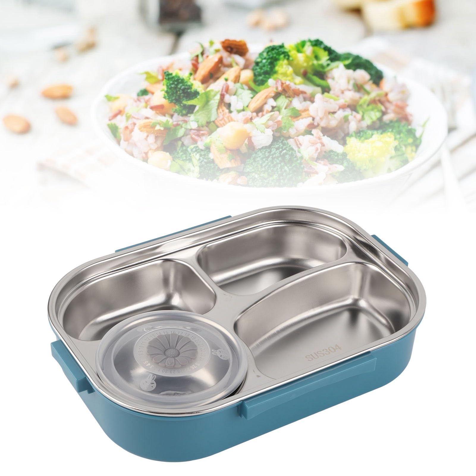 Tissting Edelstahl Lunchbox 4-Fach, 1500ml Brotdose Edelstahl Metall Bento Lunchbox Auslaufsichere Bento Box Brotzeitdose Vesperdose Brotbüchse für Studenten Erwachsene (with soup bowl: blue (spoon)