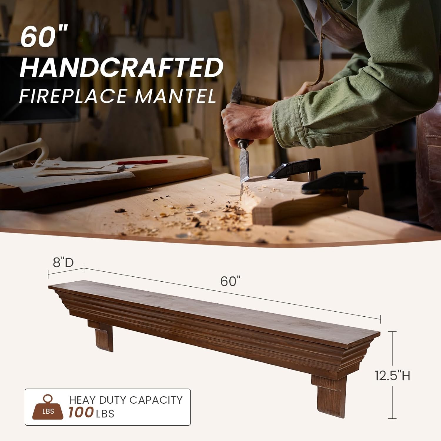 Wood Fireplace Mantel with Corbels - 60 Inch Rustic Floating Mantel Shelf for Living Room, Wall-Mounted Solid Fireplace Mantle with Angled Ends Decor for Bedroom, TV, Books, Walnut