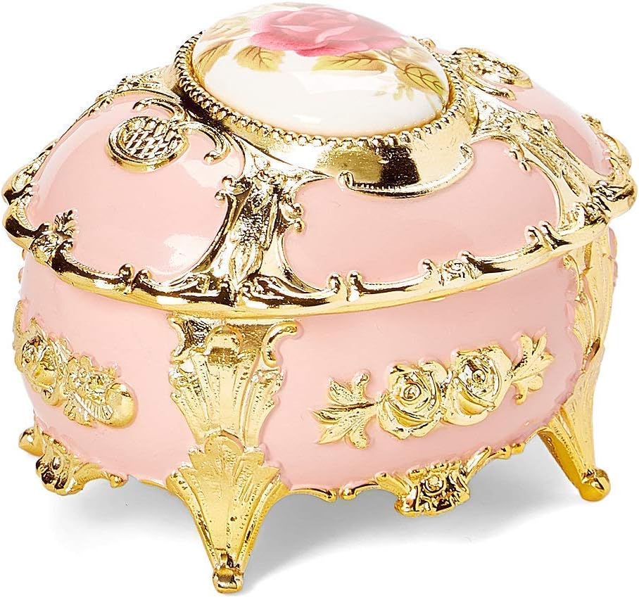 Splendid Pink Oval Floral Decorative Music Box with Lined Jewelry Compartment Playing Bolero