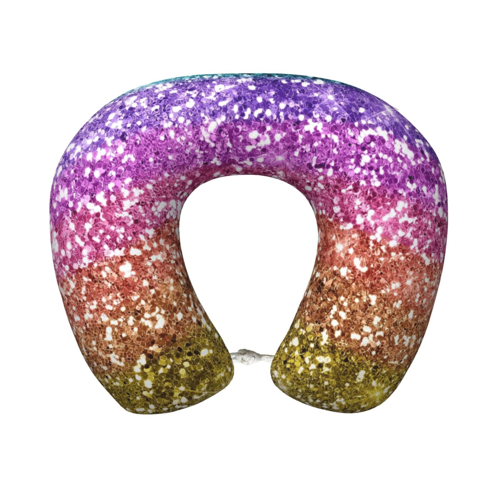 peiyeety Glitter Rainbow Print Travel Pillow Memory Foam, Portable Neck Pillow for Airplane, Car and Office