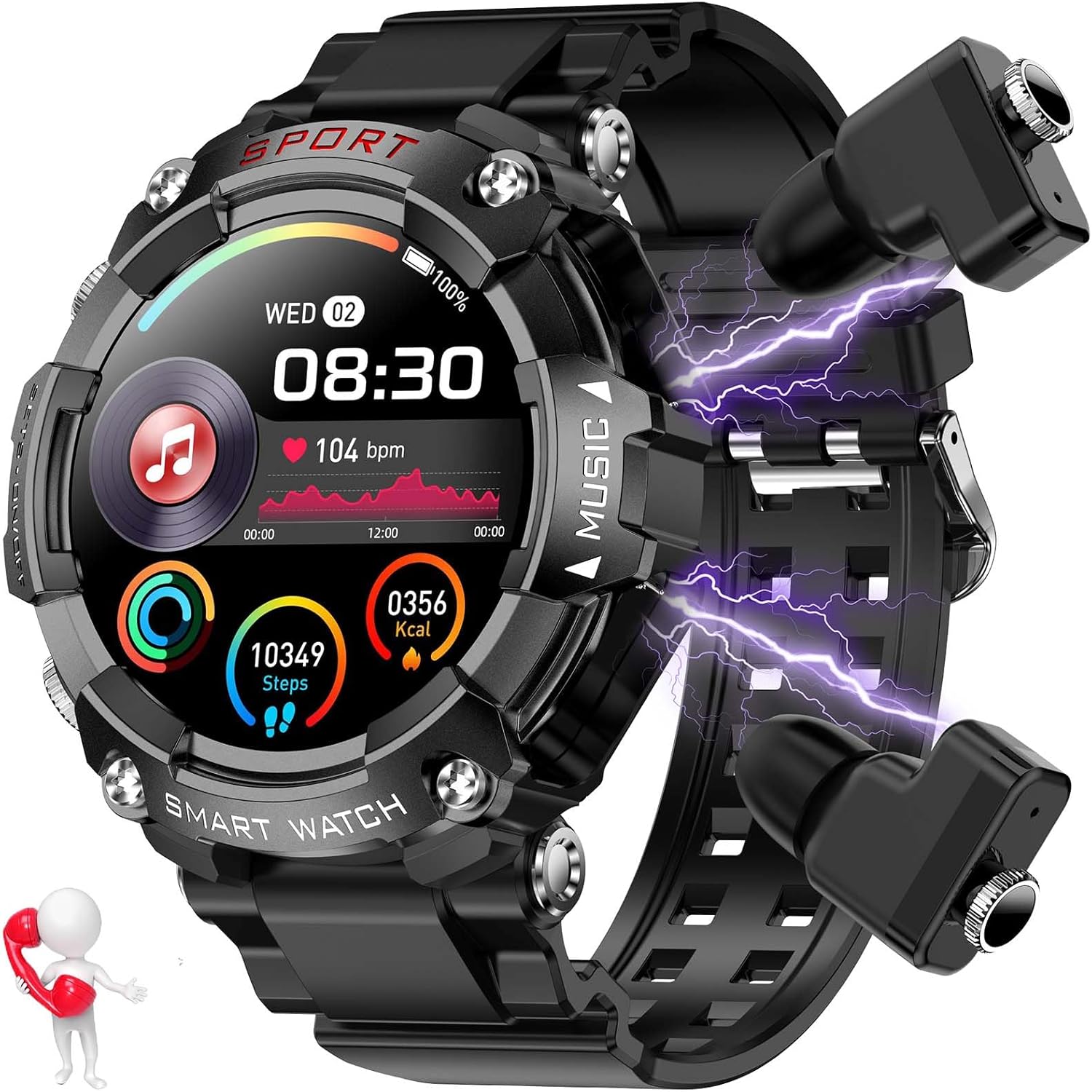 Smart Watches for Men with Earbuds(Make/Answer Call) 1.52" HD Rugged Smartwatch with 100+ Sport Modes Heart Rate Sleep Monitor Various Dials 400mAh Battery Smartwatch for iPhone Android
