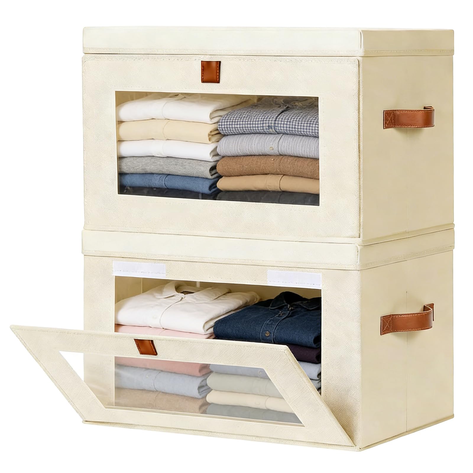 2 Pack Wardrobe Storage Boxes with Lids, Large Clothes Storage, Collapsible Storage Box, with Handles and Front Window Smart Space Storage Boxes for Clothes, Books, Blankets - Beige, 43 x 31 x 28 cm