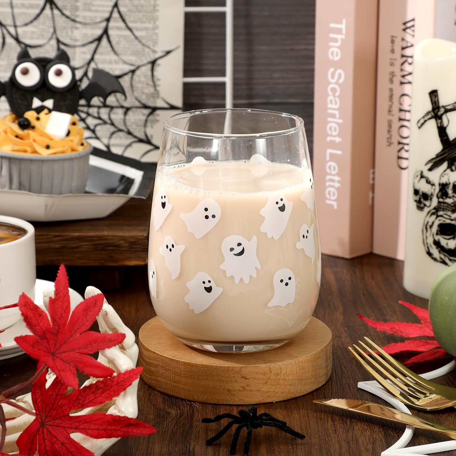 Whaline 2Pcs Halloween Stemless Wine Glasses 17oz White Ghost Drinking Glasses Clear Cute Boo Tumbler Cups for Halloween Party Supplies - Image 3