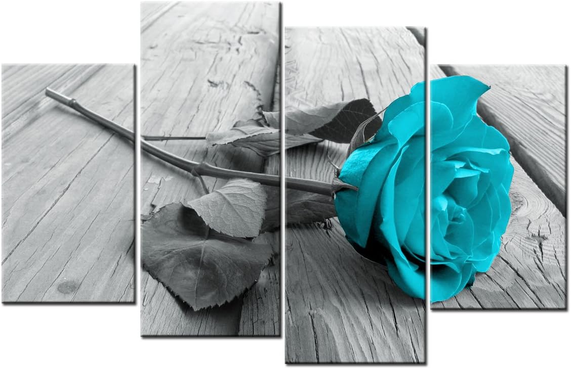 4 Pieces Teal and Grey Canvas Art Decoration, Rose in Teal Modern Home Decor