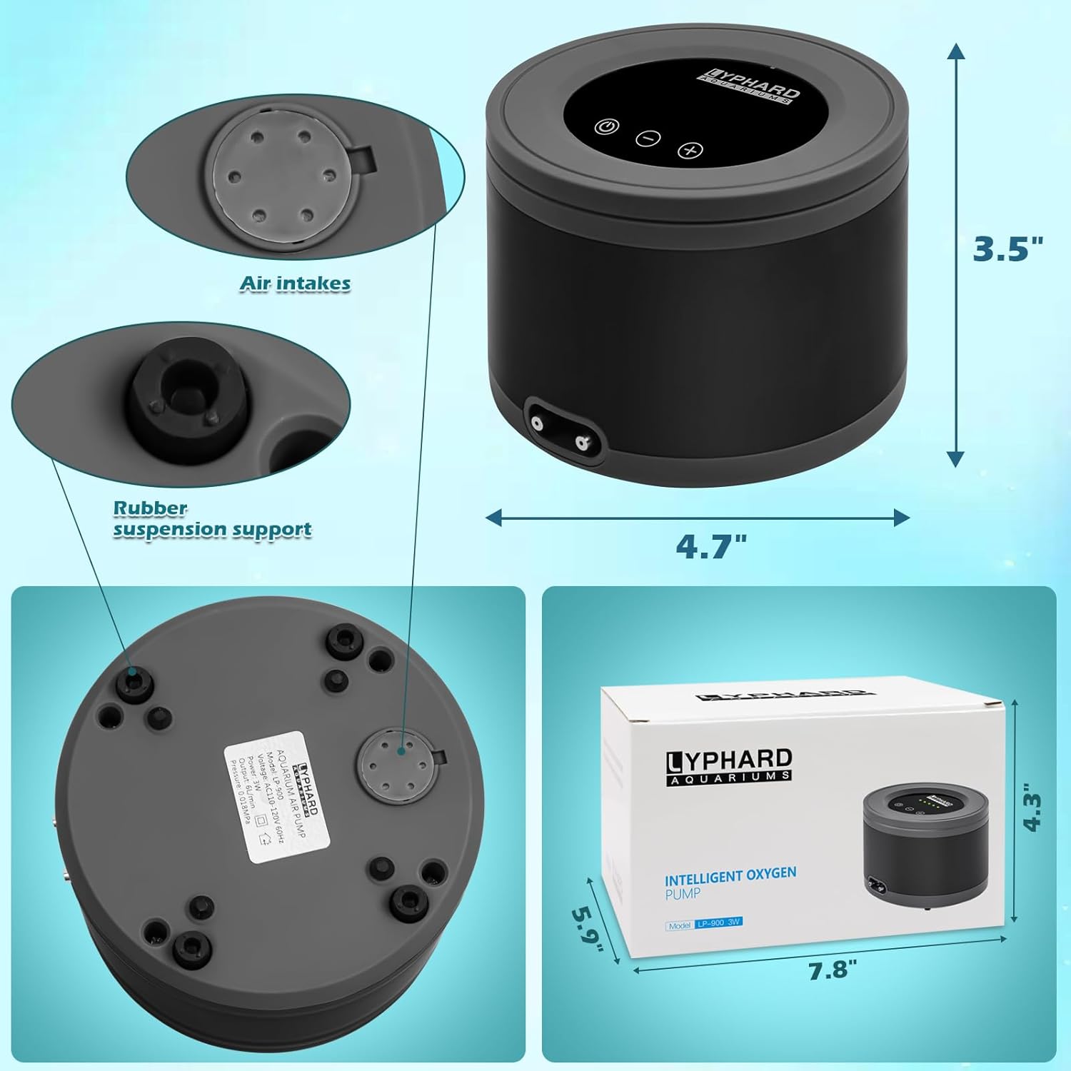 LYPHARD AQUARIUMS Aquarium Air Pump, Dual Outlets 3W Ultra Quiet Aerator for 5-300 Gallon Fish Tank Bubbler Adjustable Air Flow with Accessories