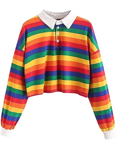 Remidoo Women's Striped Crop Top Sweatshirt Long Sleeve Collared Half Button Pullover Rainbow Shirt - XX-Large - Red and Green