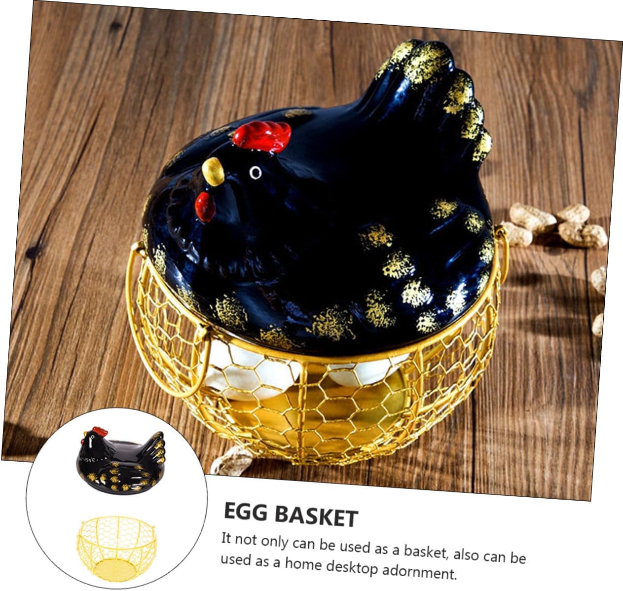 Iron Art Egg Basket Black Chicken Lid Golden Wire Frame Food Storage Container for Kitchen Egg and Fruit Organization for Countertop Use