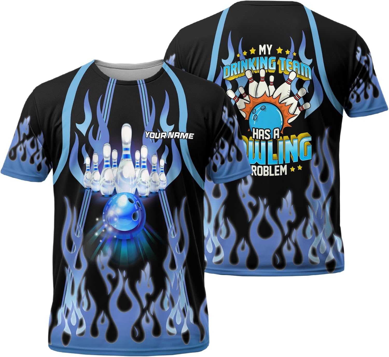 Mens Bowling T-Shirt Customized Blue Fire Bowling Ball Tee Shirt for Girl 3 D Bowling Clothing