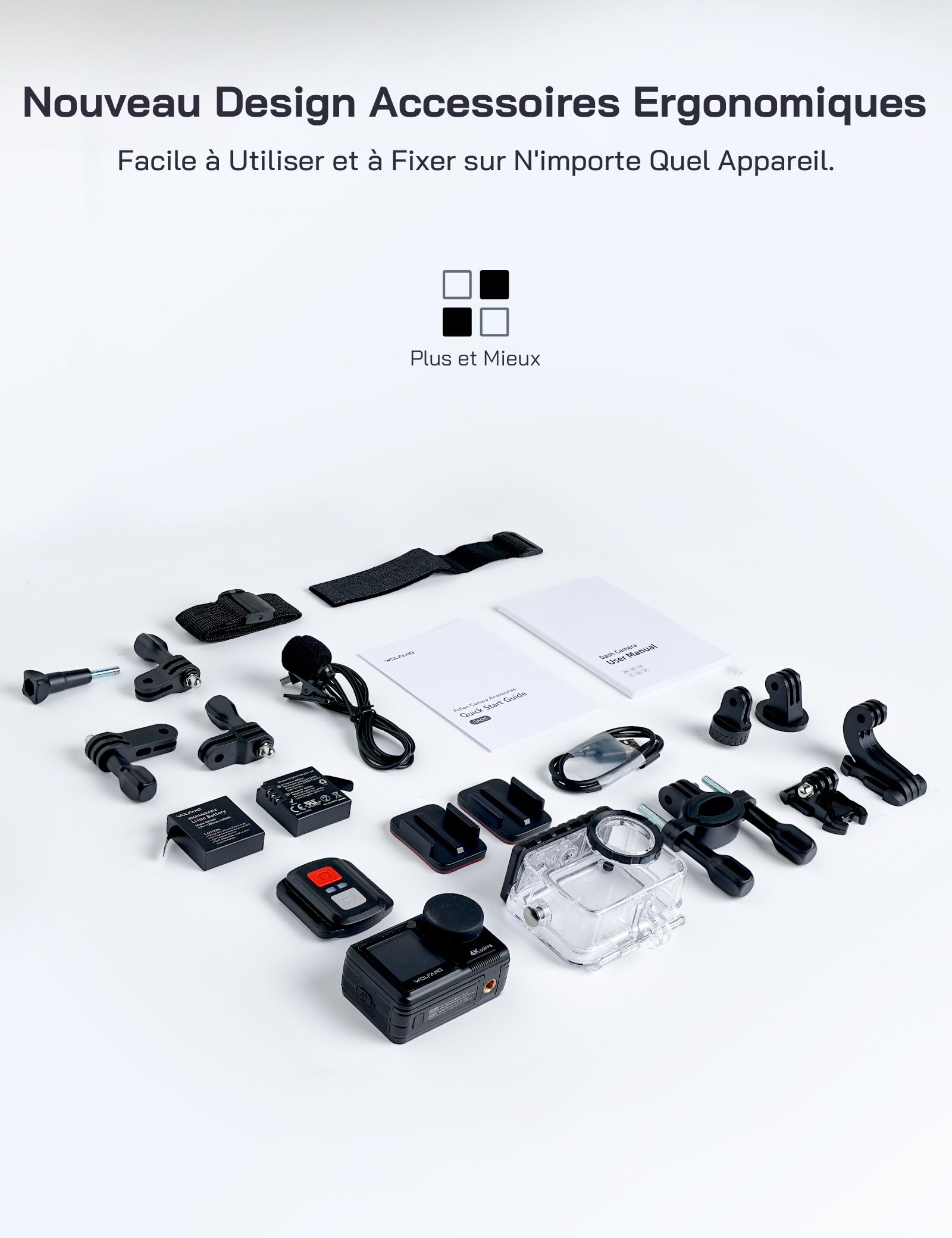 WOLFANG 4K 60FPS Caméra Sport GA400, 20MP WiFi 8M Corps Etanche Action Camera, 40M Sous-Marine Ultra HD 170 °Grand Angle, Sac à Main, EIS, Télécommande 2x1350mAhBatteries et Kit d'accessoires
