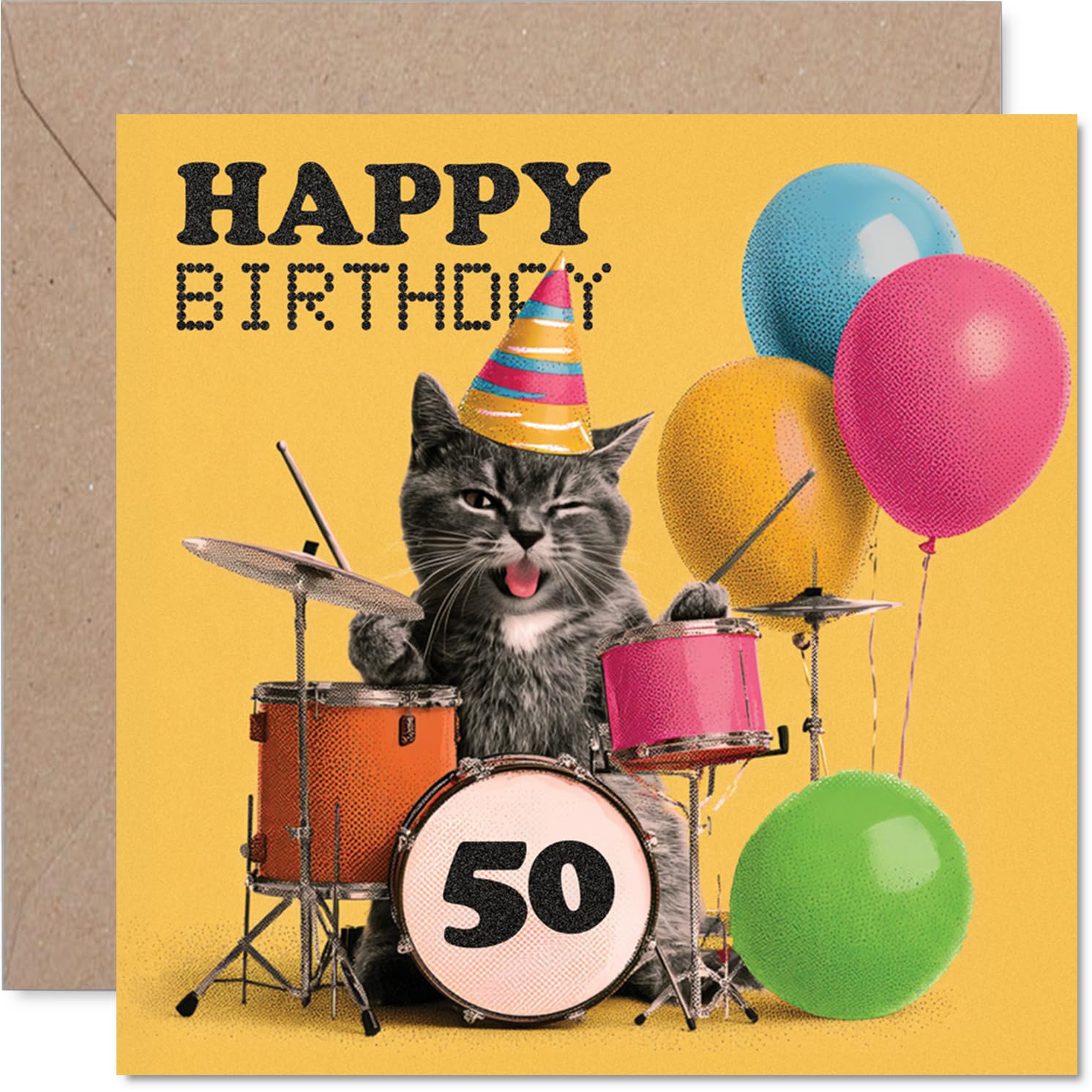 Playful 50th Birthday Card - Winking Cat on Drums Brings the Party - Colourful Balloons and Musical Mischief - 145mm Square, Envelope Included