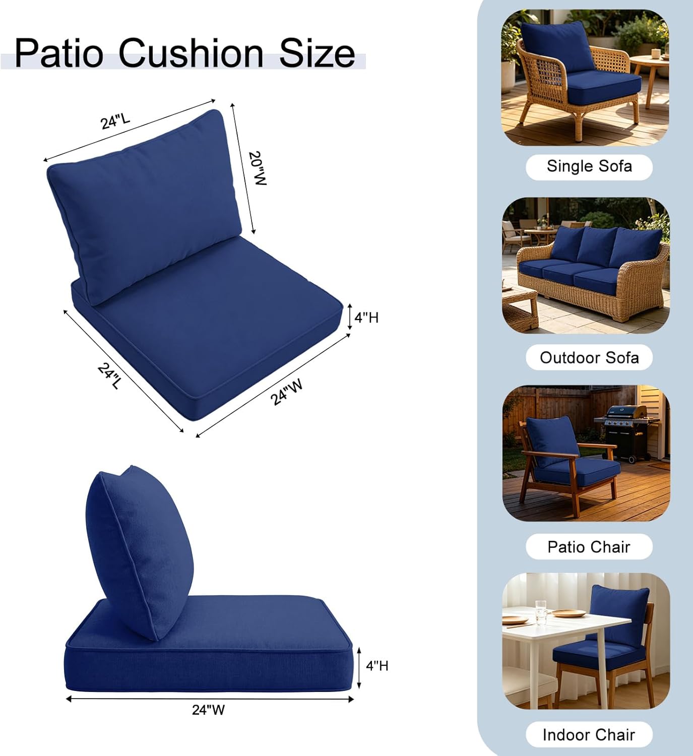 Loungewave 24 x 24 x 4 Inch Outdoor Chair Cushions Set, Waterproof Patio Furniture Cushions with Removable Cover, 4" Thickened Outdoor Seat Cushion for Wicker Dining Rocking Swivel Chairs
