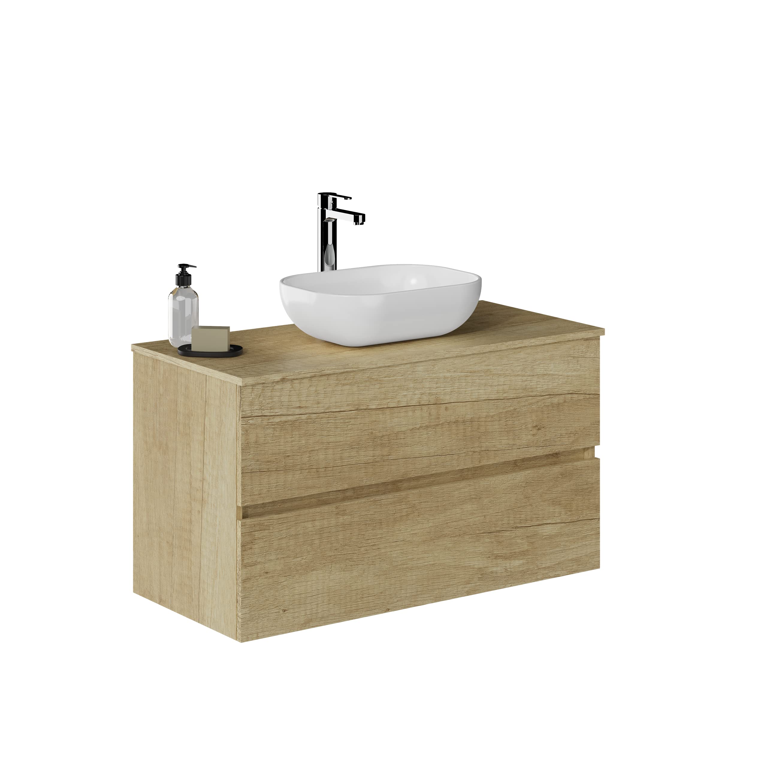 Baikal Baño Onyx, 2 cajones, suspendido en Pared, con Lavabo cerámico. Mueble Montado, Melamina 16,Mueble F46 + Top + Lavabo 100 cm Nature