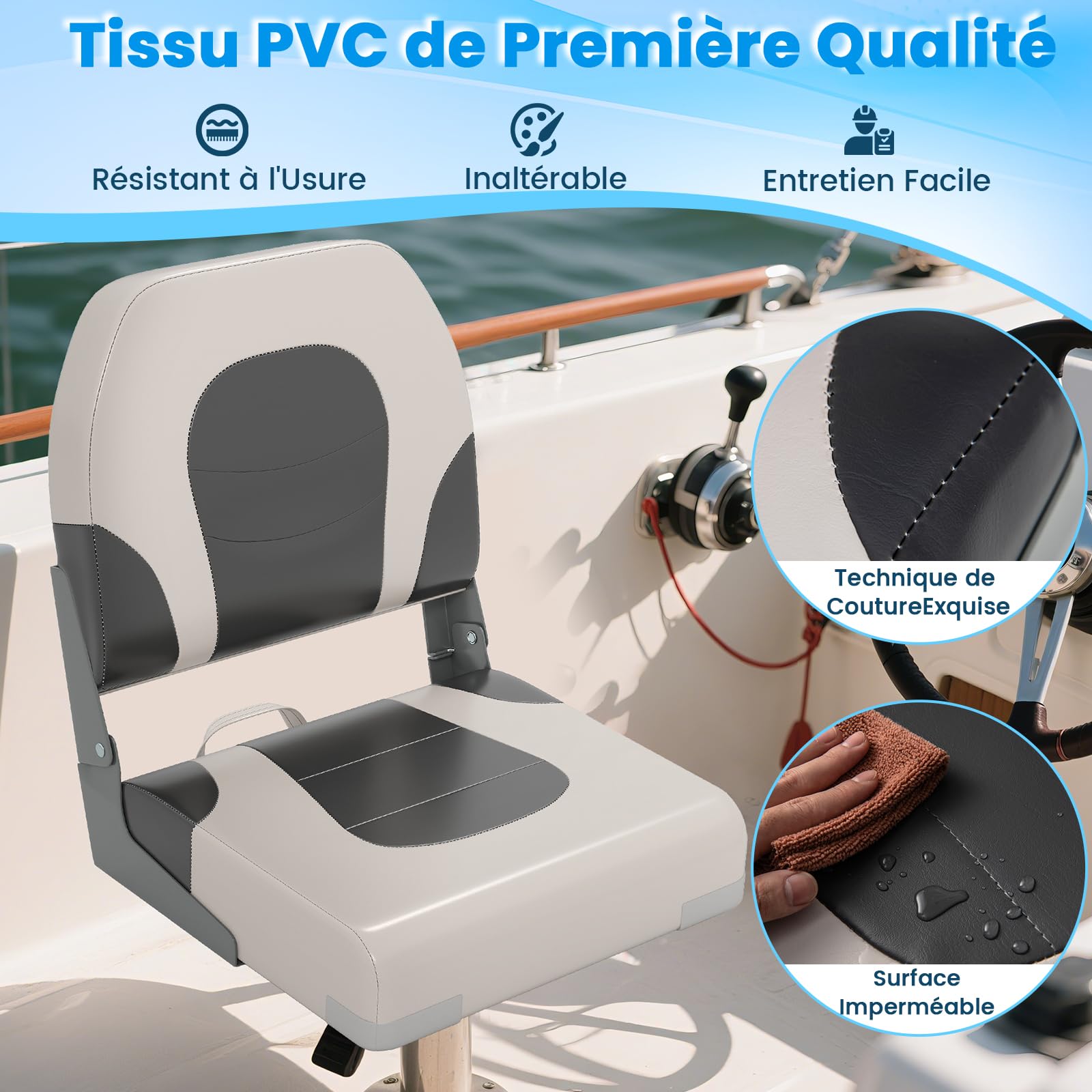 GOPLUS Lot de 2 Sièges de Bateau, Chaises Pliables Yacht Dossier Rembourrés, Similicuir Imperméable, Boulons de Montage, Sièges Capitaine pour Croisière, Bateau à Moteur, Pêche,51x42x49CM
