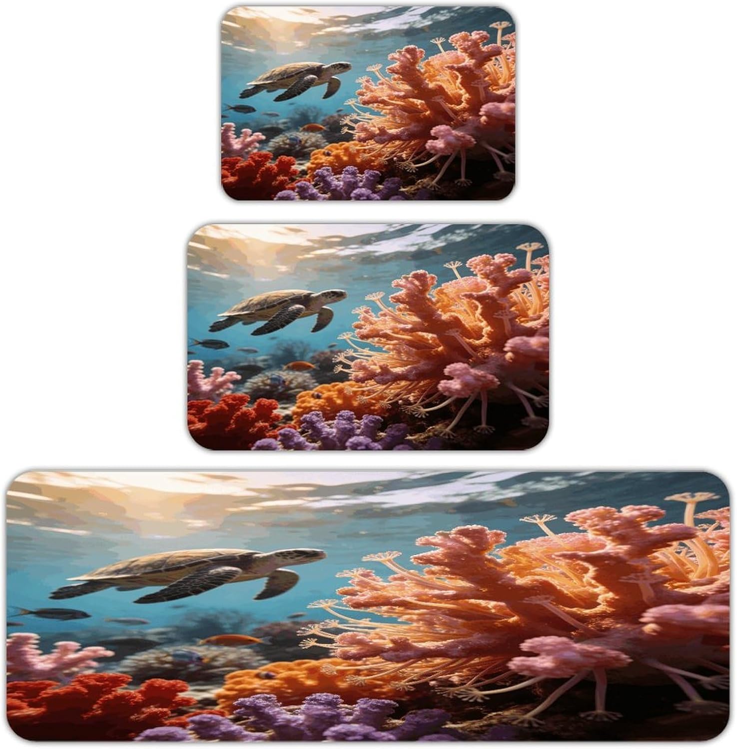 Corals and Turtles Kitchen Rugs Sets of 3 Non Slip Kitchen Mat for Floor Comfort Standing Rug and Mats Thick Cushioned Long Area Carpets for Laundry Room Entryway