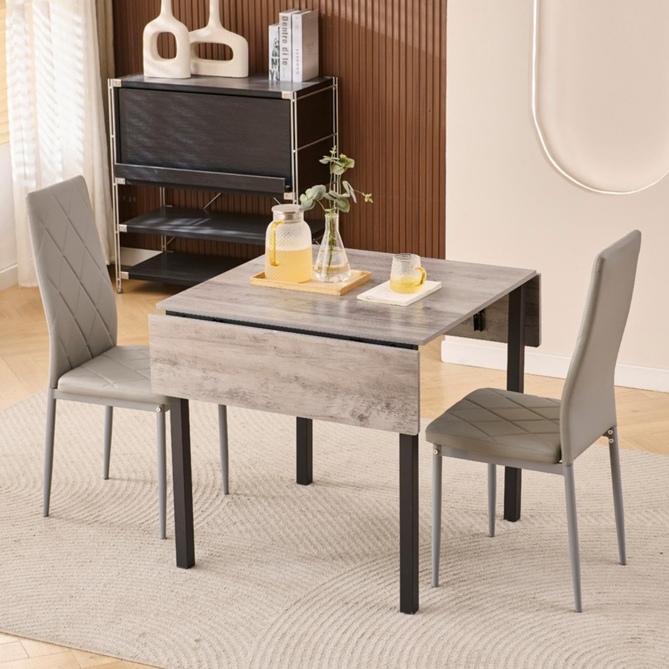 Homullel Drop Leaf Folding Dining Table and Chairs Set 2 Seater Dining Room Dinner Set for Small Spaces, Foldable Small Kitchen Table, Space Saving, Extendable (2 chairs, Fuax Leather Gray #2)