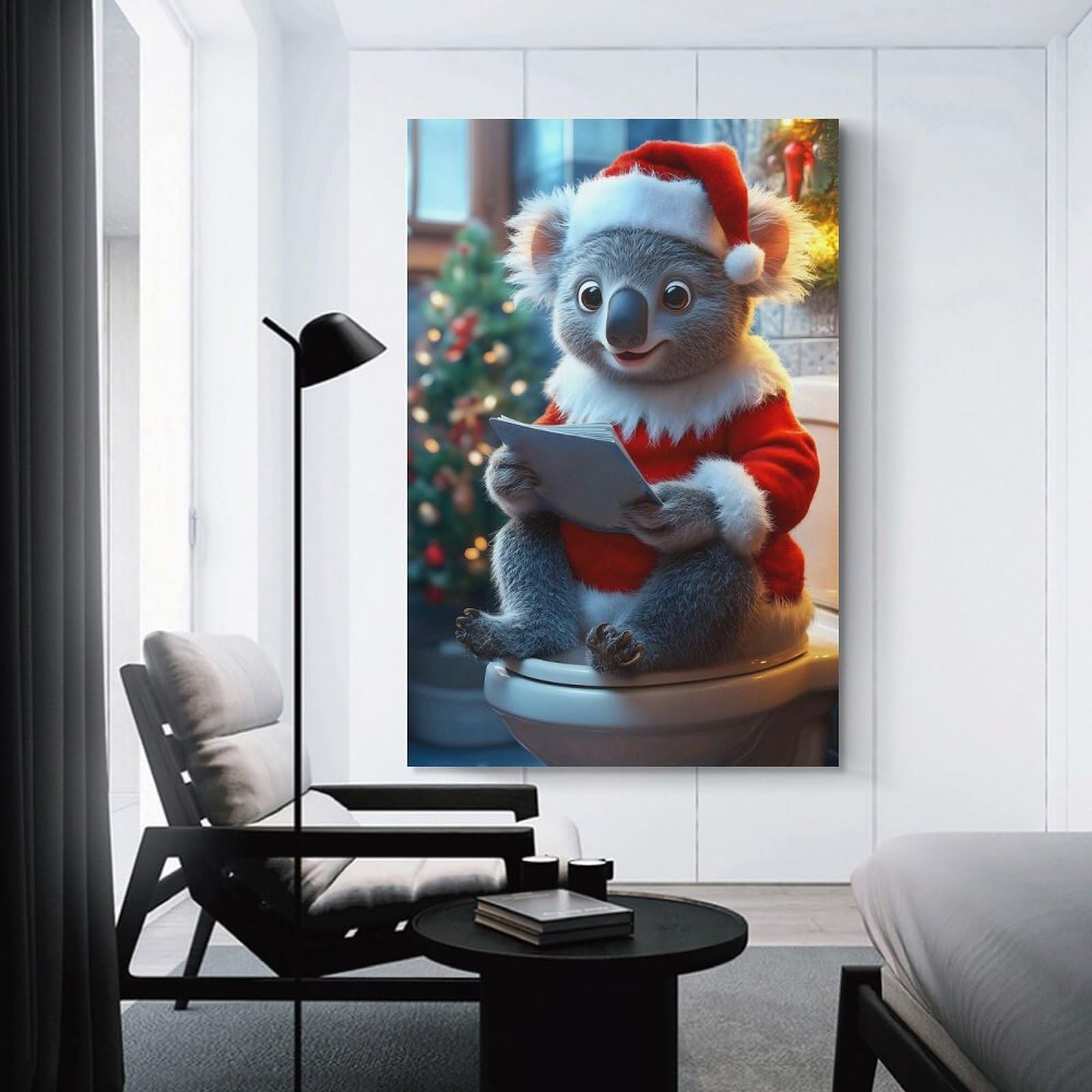 Junmoney Koala Santa on Toilet Wall Art Print 24x36inch(60x90cm), for Living Room, Bedroom Or Home Office, Thoughtful Wall Decor for Art Lovers