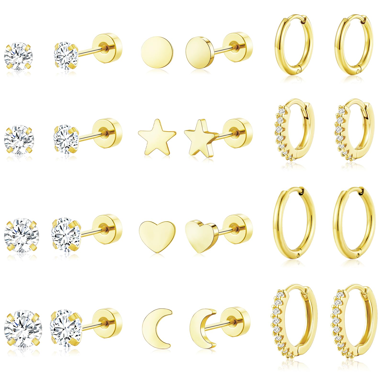 Adoyi Gold Hoop Earrings Set for Women 14K Gold Plated Chunky Twisted Gold Hoops Hypoallergenic Cubic Zirconia Small Huggie Hoop Earrings Pack for Girls Gift Lightweight