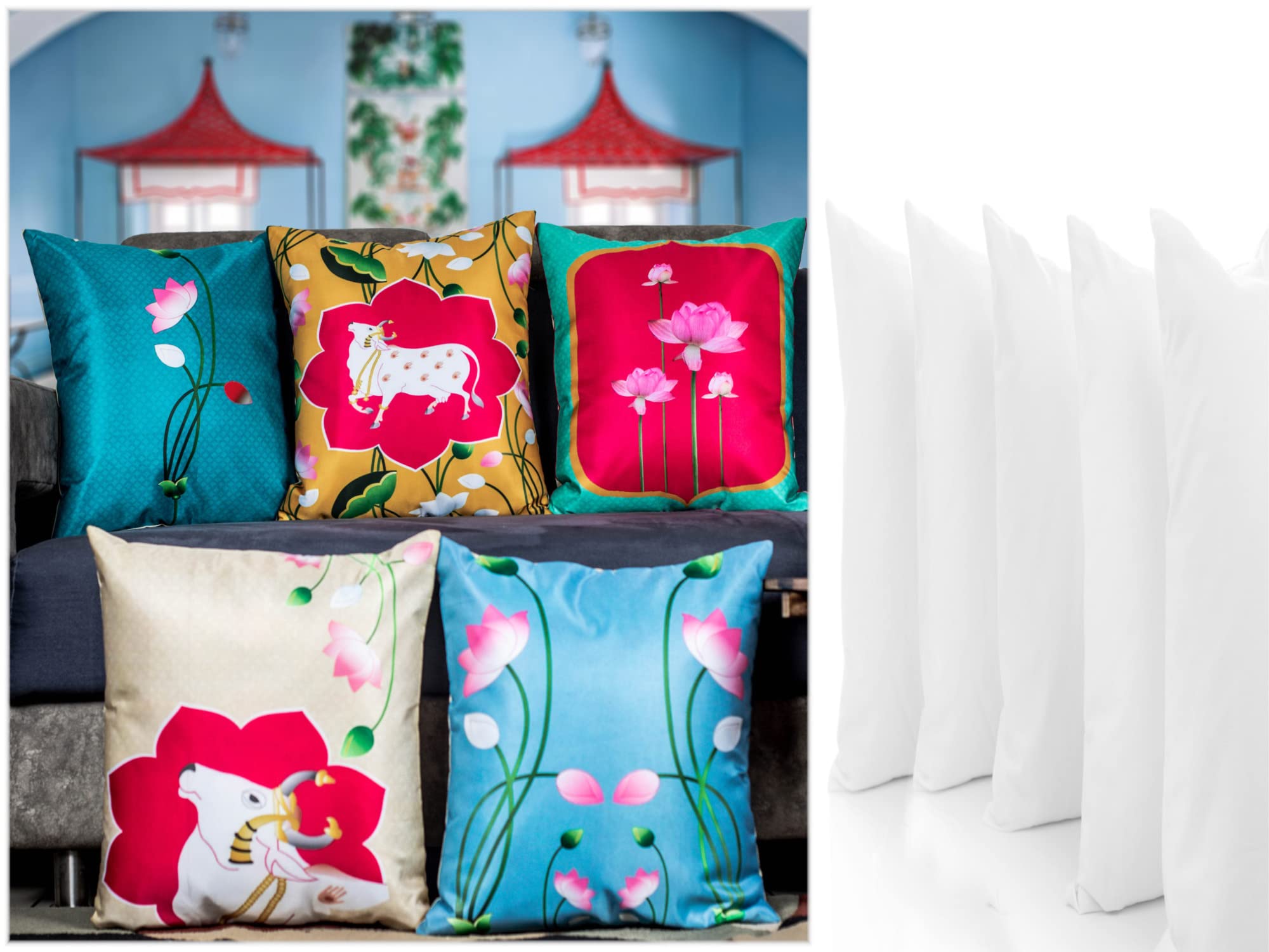 VALORIS Microfiber Satin 250TC Cushion Pillow Covers, Multicolor, Set of 5 (12X12 Inches with Fillers, Lotus Cow)