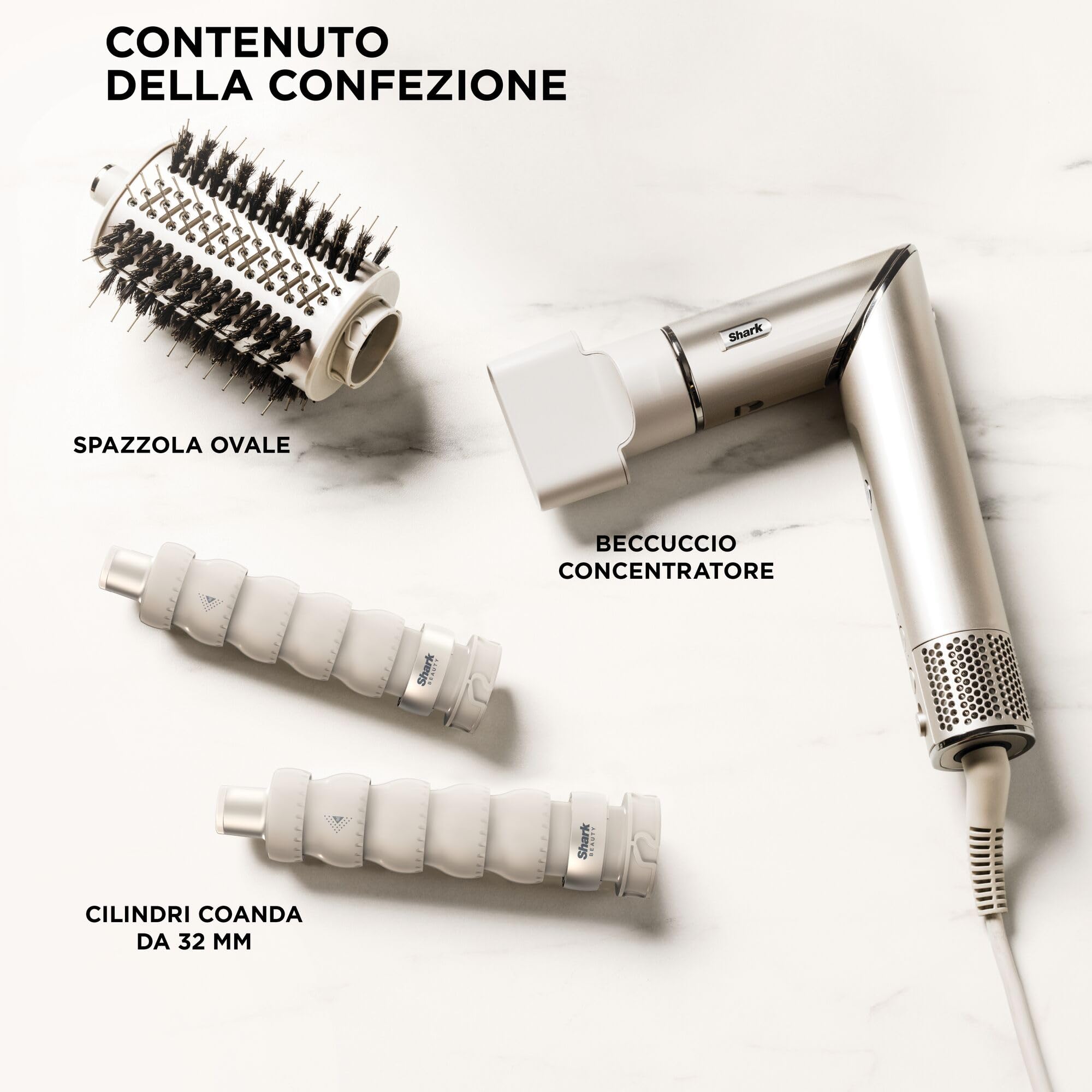 Shark FLEXSTYLE Styler e Asciugacapelli 3 en 1, con Arricciacapelli, Spazzola Ovale Volumizzante, Concentratore e Custodia da Viaggio, Senza Danni da Calore, StarDust, HD426SLEU
