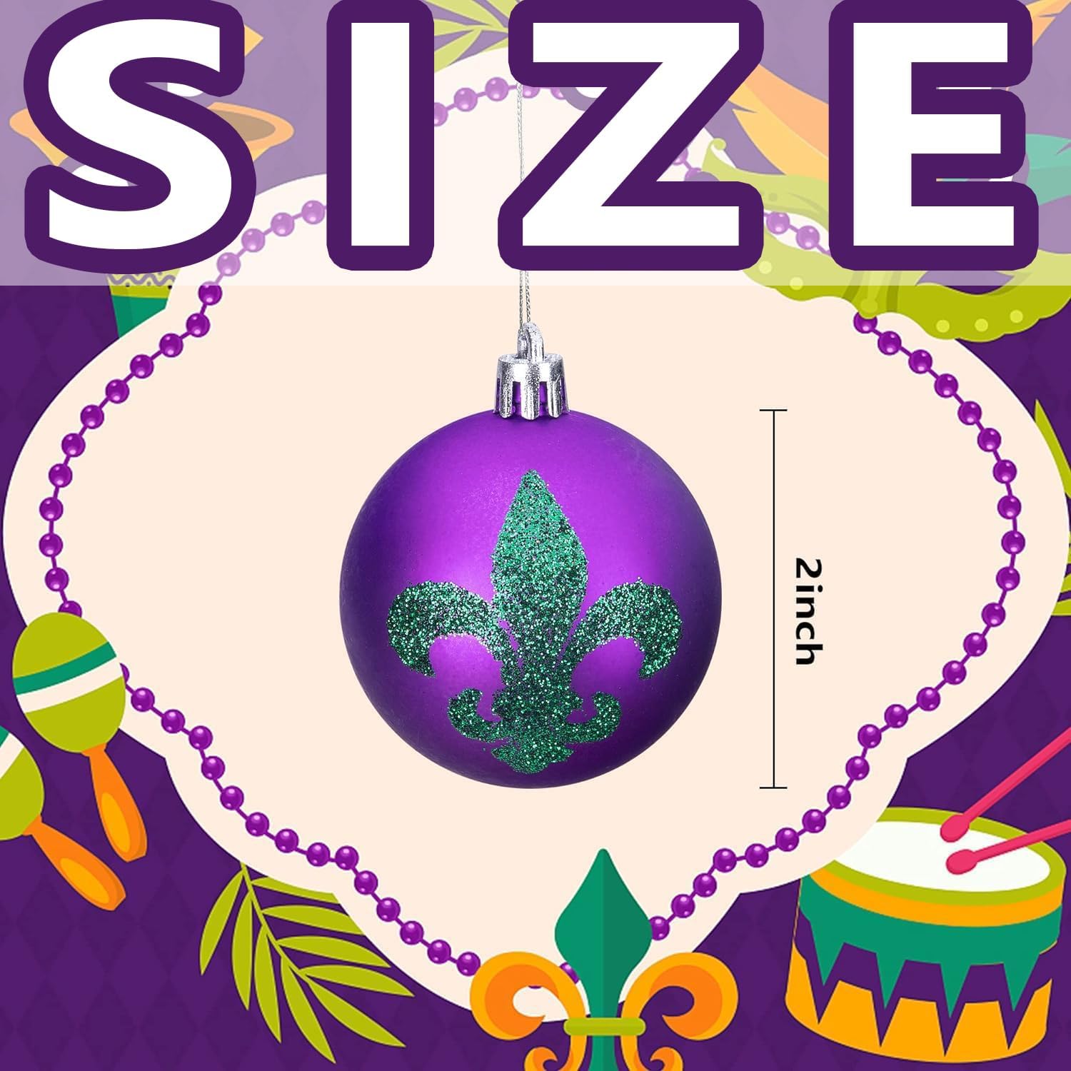 Watayo 12 PCS Mardi Gras Hanging Ball Ornaments, 2 Inch Mardi Gras Shatterproof Ball, Purple Green Gold Glitter Tree Ornaments for Holiday New Orleans Masquerade Party Decor