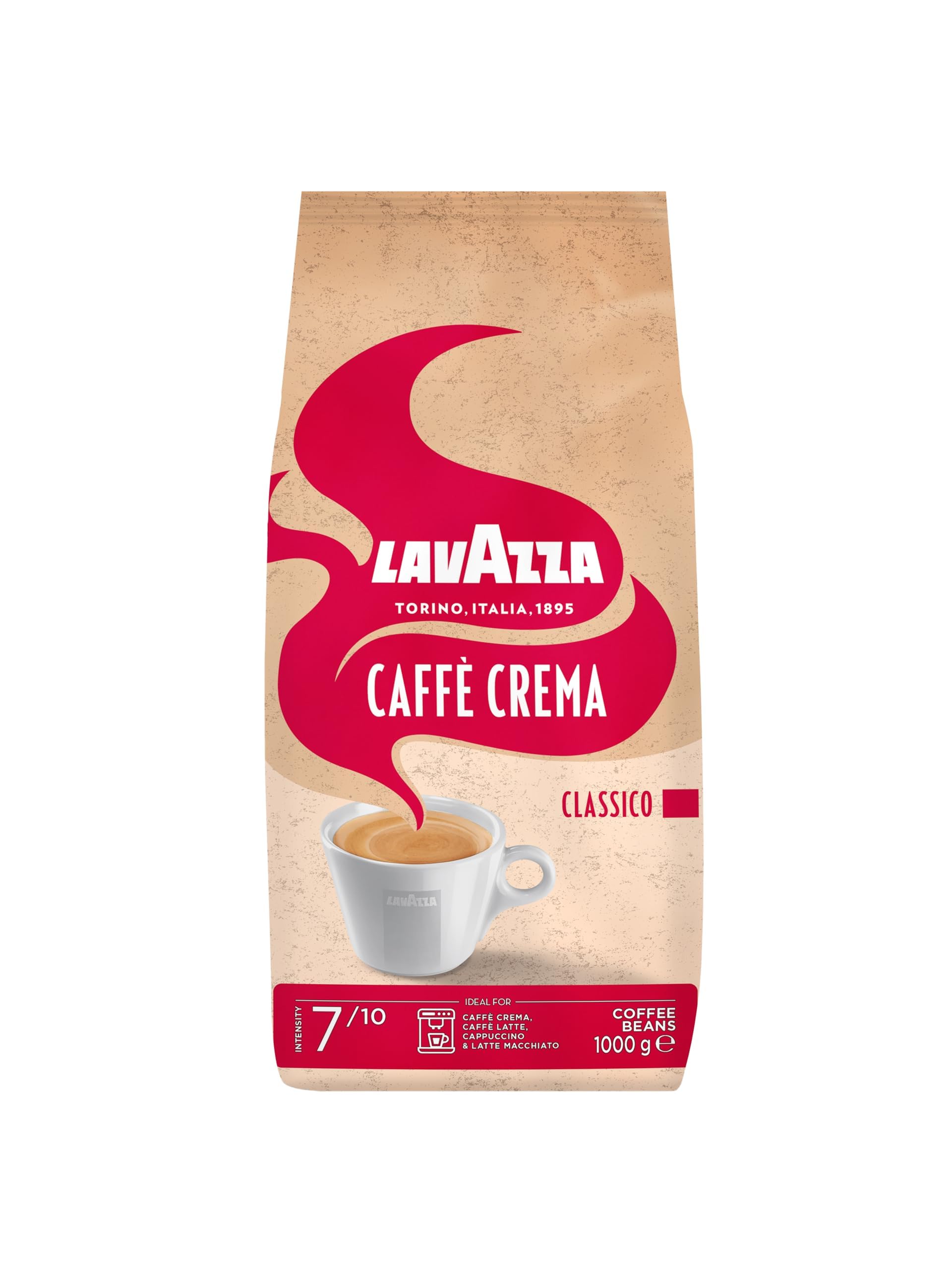 Lavazza Caffè Crema Classico, Coffee Beans, Arabica and Robusta, Cocoa and Wood Notes, Intensity 7/10, Medium Roasting, 1 Kg