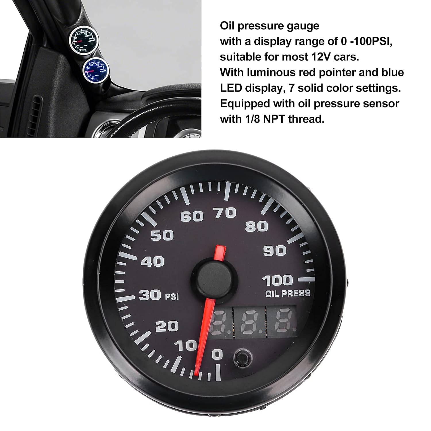 Fydun 2 Inch Oil Pressure Gauge 0-100PSI 7 Color LED Display with Sensor, Pressure Gauge Engine Equipment Instruments Black Dial Universal for Car 12V
