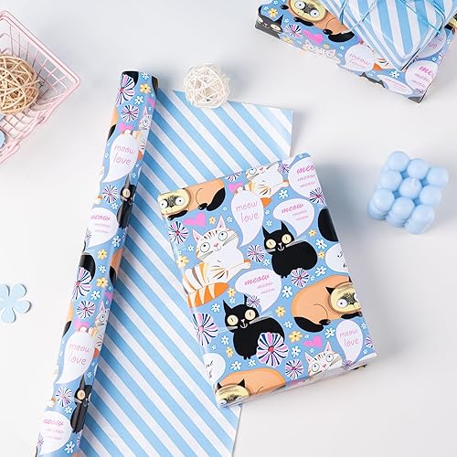 Vista 415 de WRAPAHOLIC Papel de regalo reversible, mini rollo, 17 pulgadas x 33 pies, adorable diseño de gato y azul sólido para cumpleaños, vacaciones