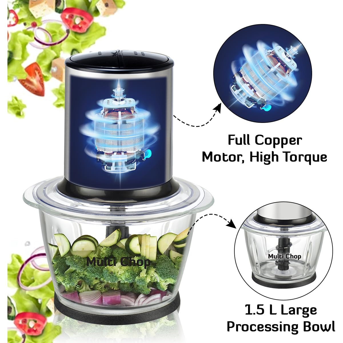 INALSA Electric Chopper for Kitchen & Meat Grinder with 1.5 Extra Large Capacity Glass Bowl|Pure Copper 500Watt Motor|2 Speed Settings|Stainless Steel Double Layer Blade|Chop,Mince & Puree-Multi Chop 3 71UlOSmXEUL. SL1200