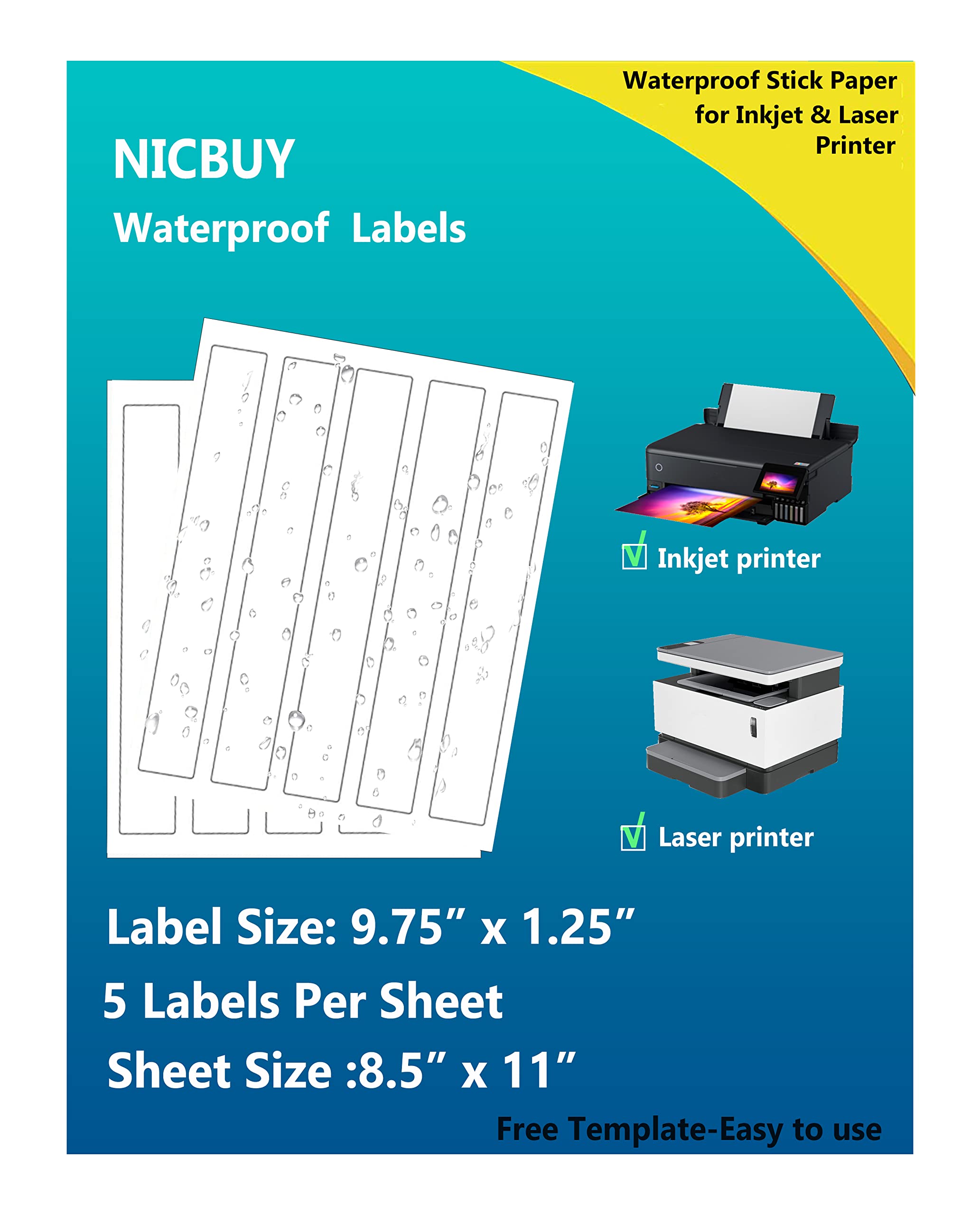 100 x 9.8 x 1.25 inch Printable Glossy White Waterproof Vinyl Stickers for Inkjet or Laser Printer