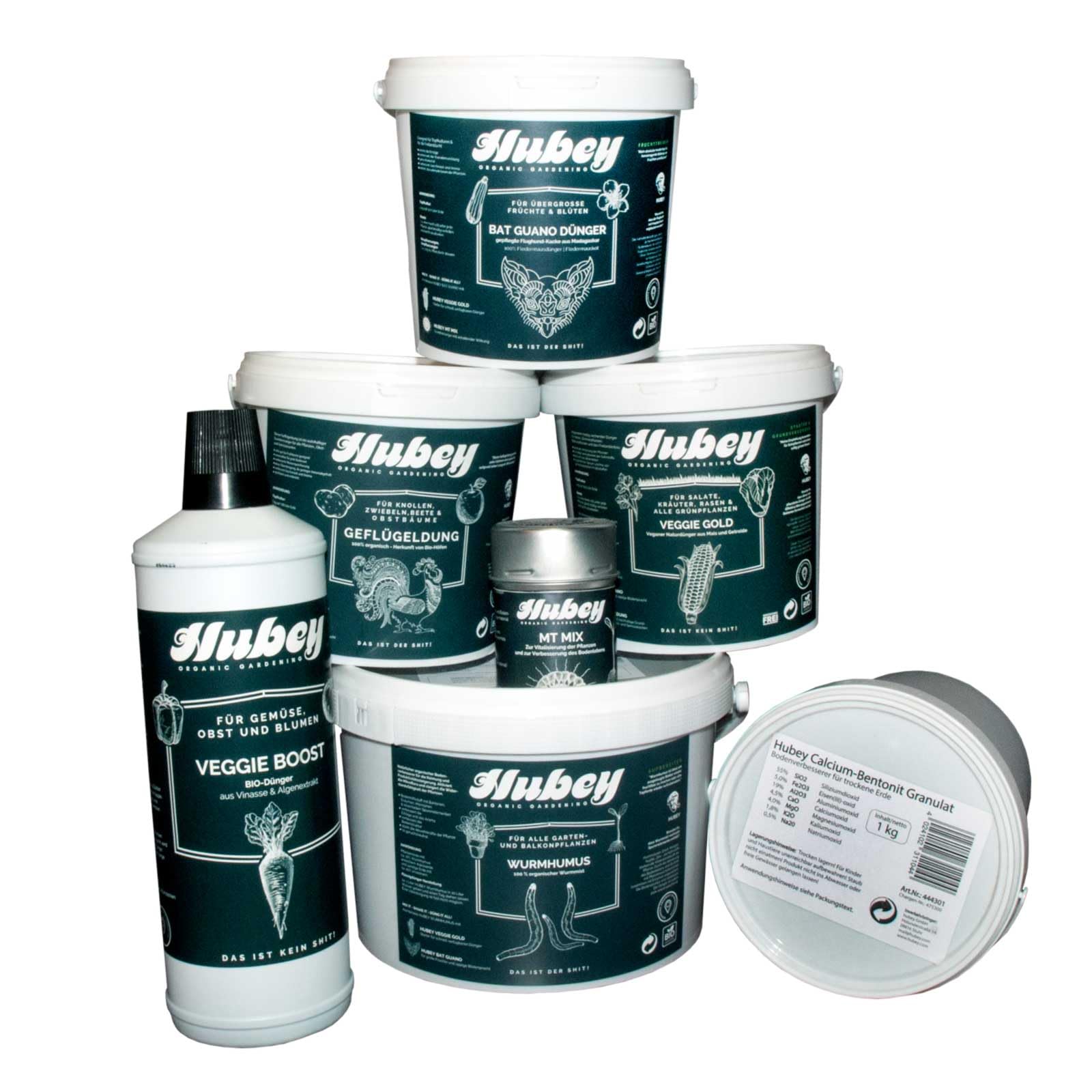 HUBEY GBS Starter Kit – Organischer Bio Dünger Set für 100L Erde – Grow & Bloom Düngerset mit Wurmhumus, Guano, Vinasse, Mykorrhiza & Bentonit – für Gemüse, Kräuter & Pflanzen