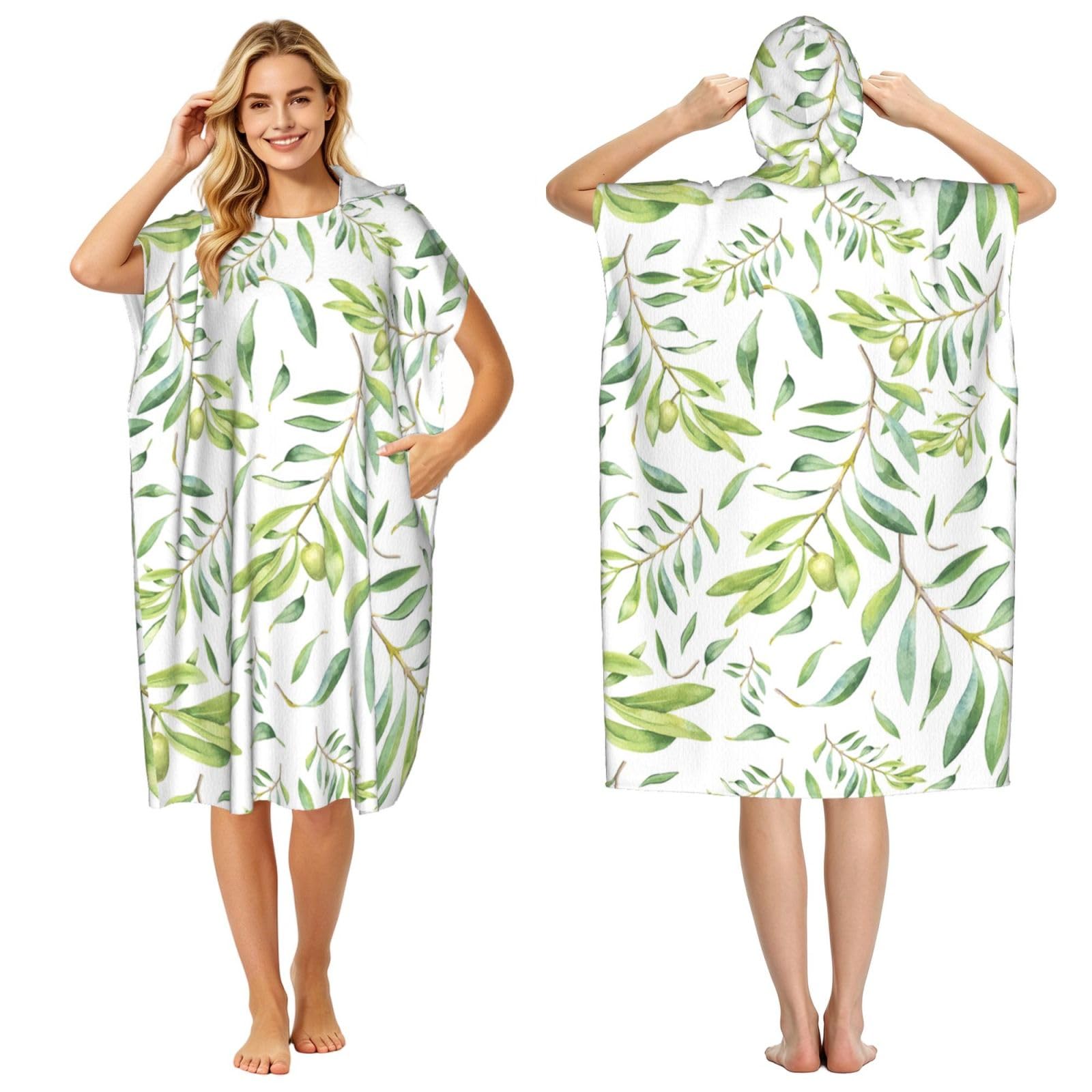 Poadnly Green Watercolor Olive Branch Pattern, Adult Hooded Beach Towel 90 x 110 cm,Changing Bath Robe, Surf Poncho Towel For Women Men