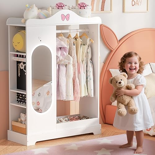 Kids Armoire with Jewelry Cabinet, Kids Dress Up Storage with Shelves, Girls Wardrode Costume Organizer with Full Length Mirror, Children Closet with Armoire for Bedroom, Kids Room, Girls
