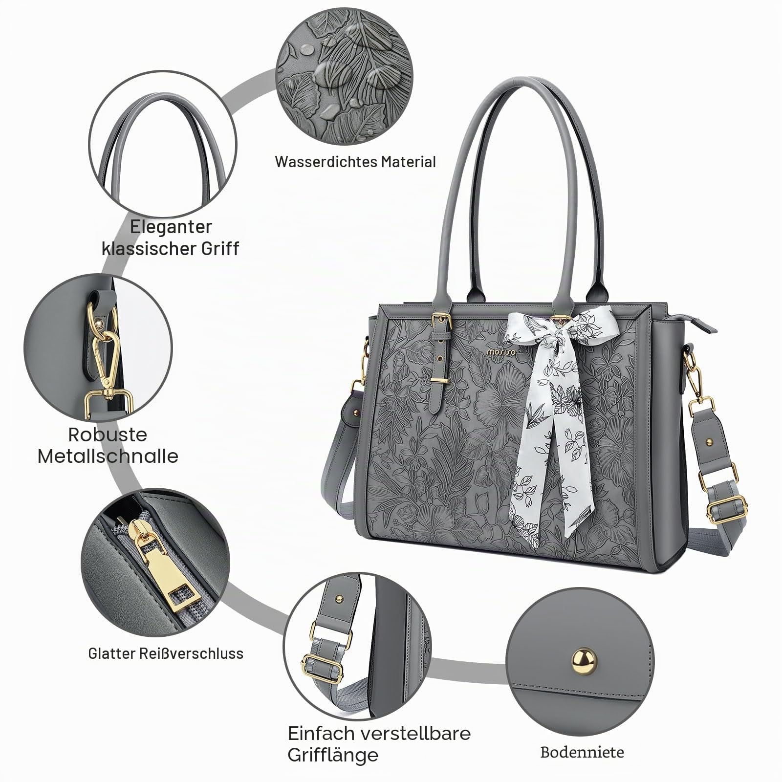 MOSISO Laptoptasche Damen, 15,6-16 Zoll PU Lehrertasche Handtasche Kompatibel mit MacBook HP Dell Asus, Vorderseite Prägung Retro Hibiskus Aktentasche mit Seidenschal&Clutchtasche, Grau