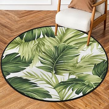 Green Leaves Tropical Round Area Rug for Living Room Bedroom 5.2 ft Washable Circle Rugs Non Slip Round Floor Mat Indoor Outdoor Carpet for Nursery Office Playroom