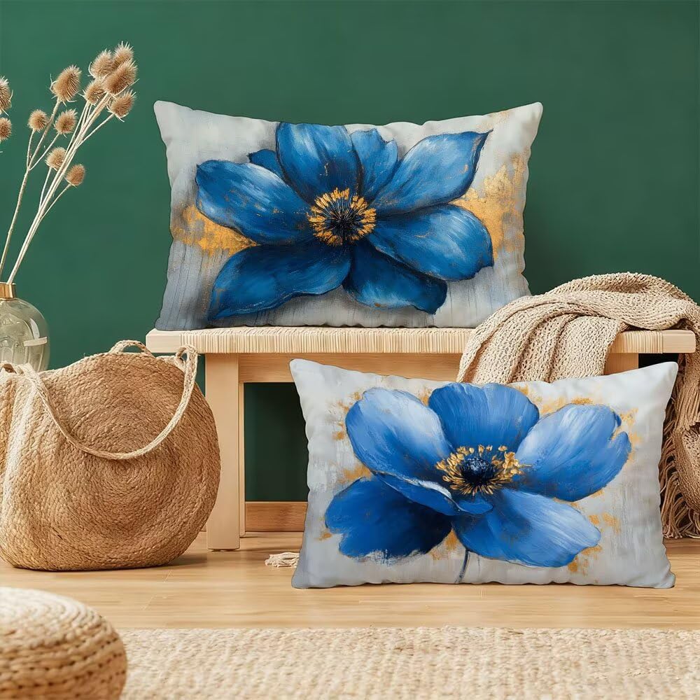 Taie d'oreiller fleur 50x70 bleu en velours pour canapé et lit